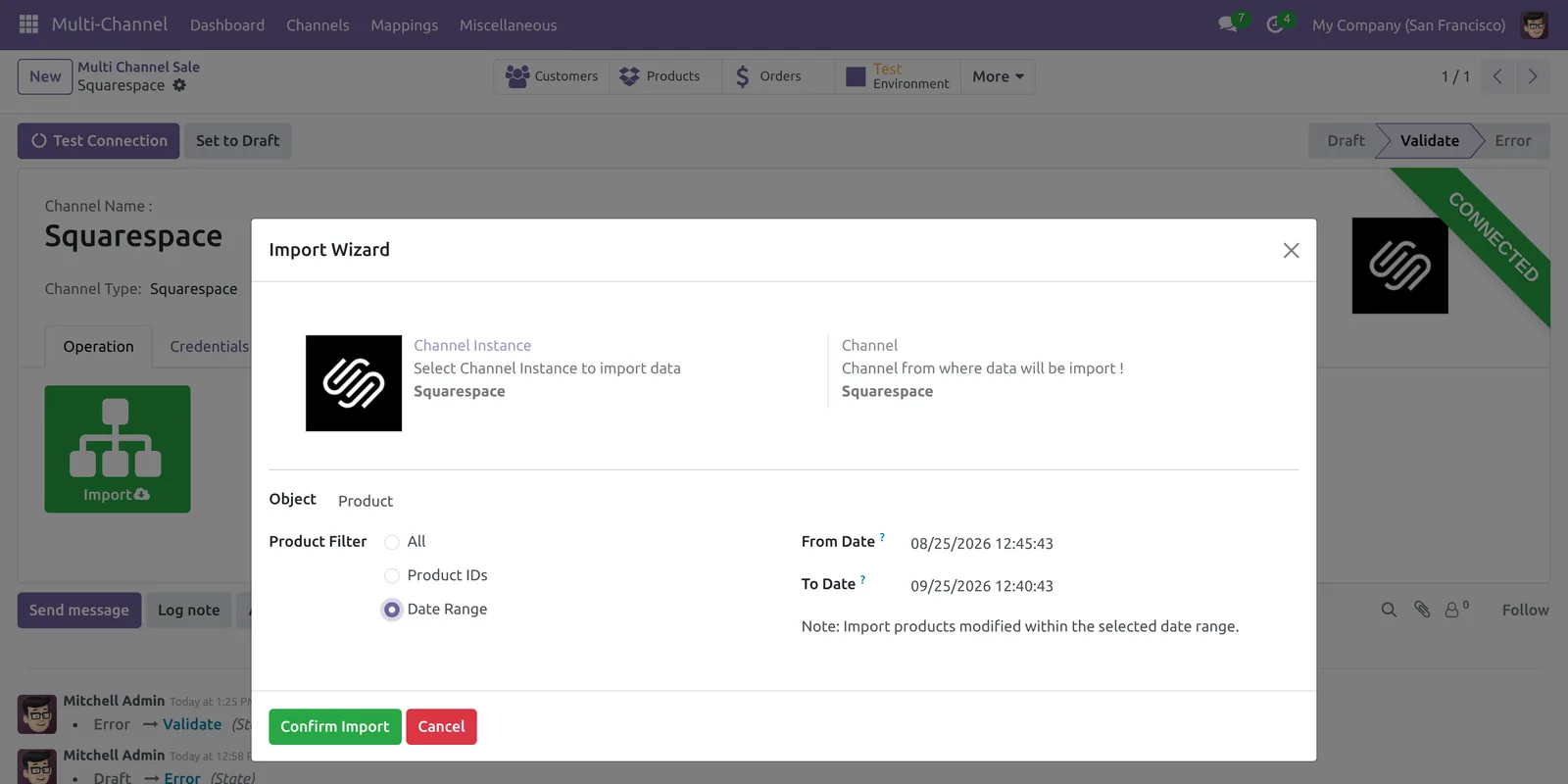 Import Squarespace products into Odoo by date range