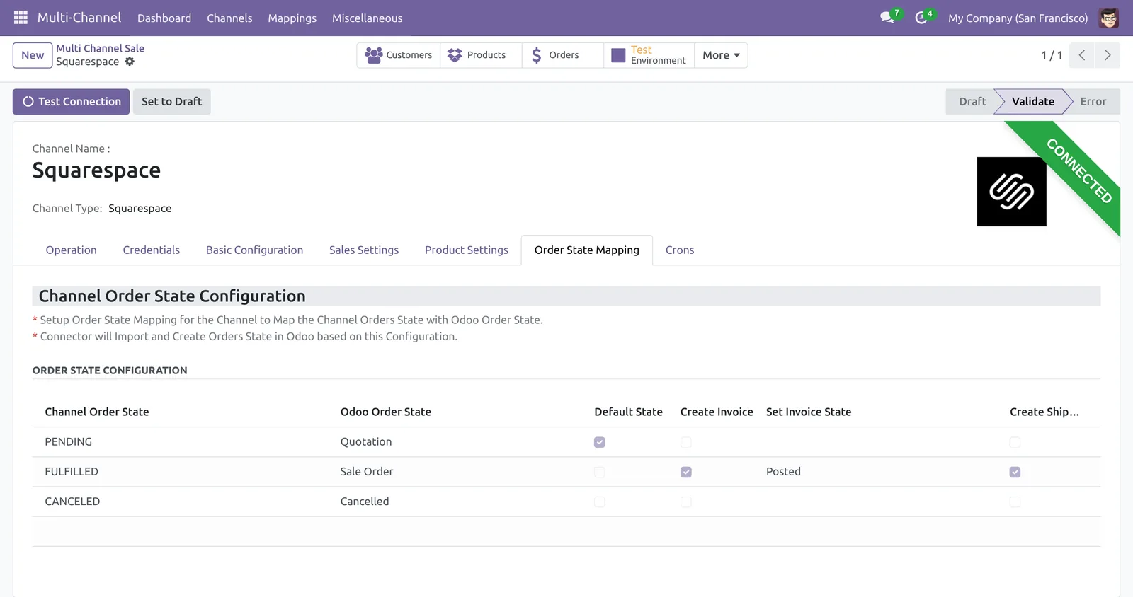Squarespace order state mapping in Odoo