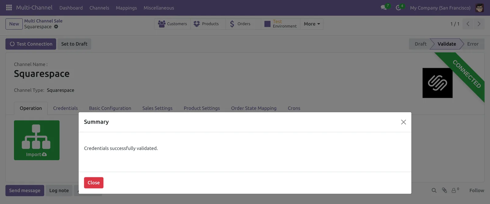 Odoo Squarespace Connector test connection success