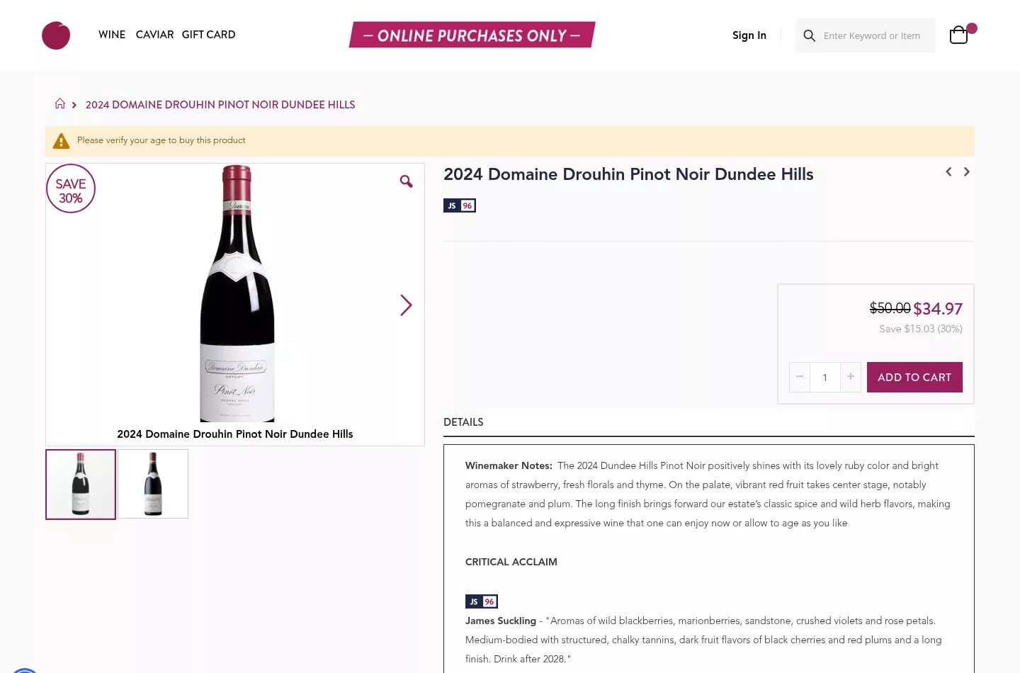 Plum Market online wine store product page with age verification notice and sale price