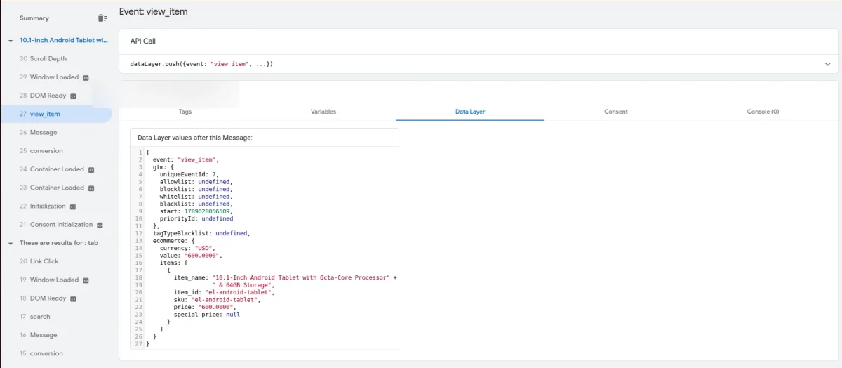 view_item event data in Google Tag Manager Preview
