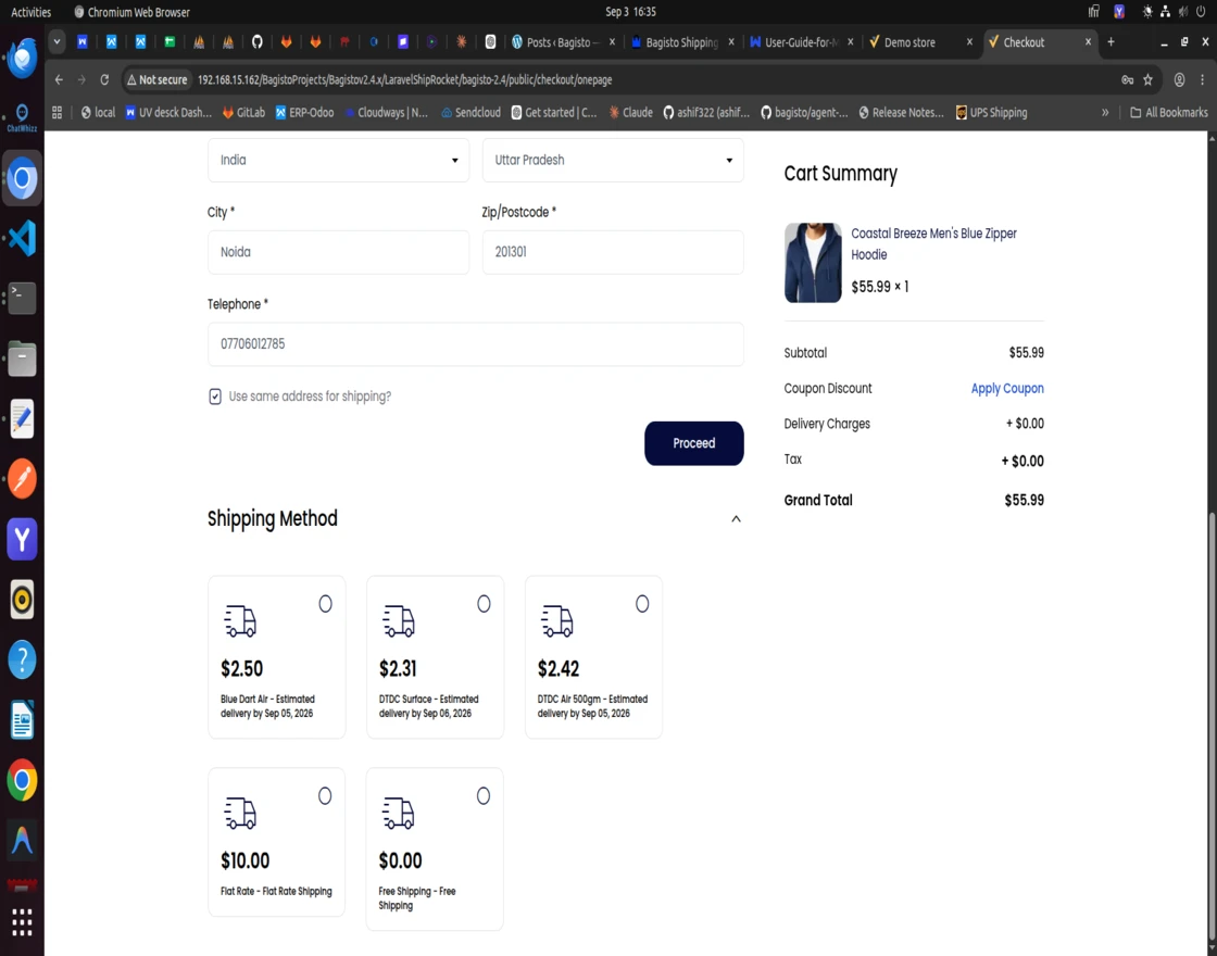 Bagisto checkout page with ShipRocket live courier rates displayed per courier