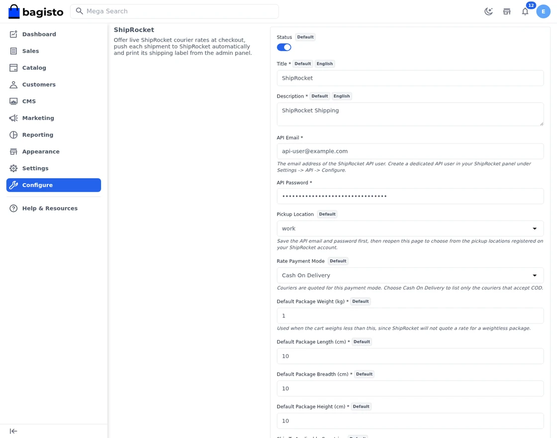 Bagisto ShipRocket Shipping admin configuration screen