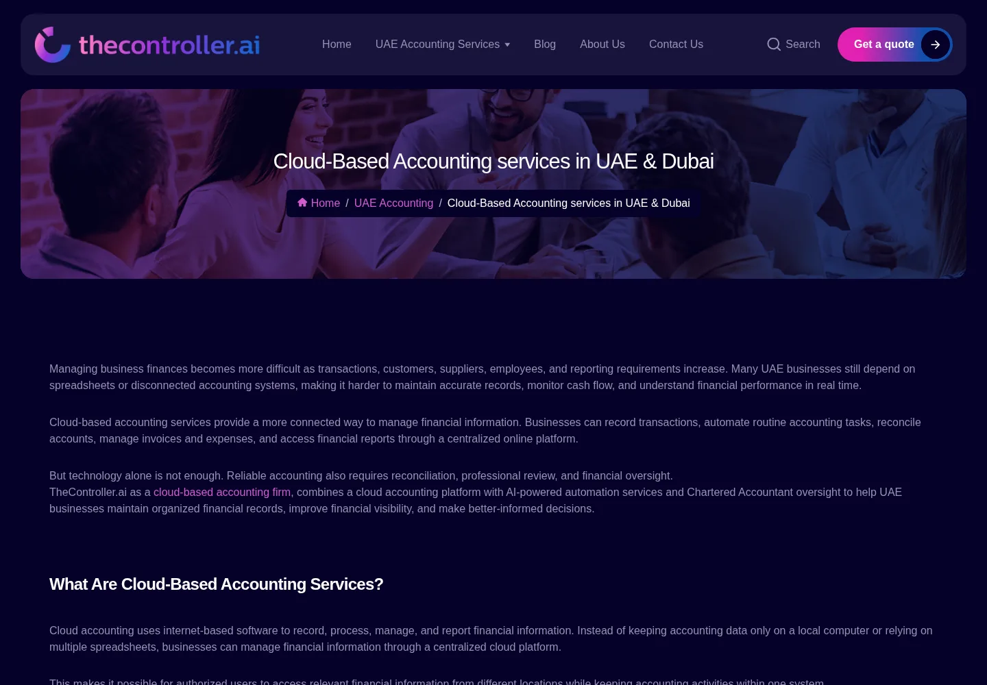 TheController.ai page on cloud-based accounting services in UAE and Dubai