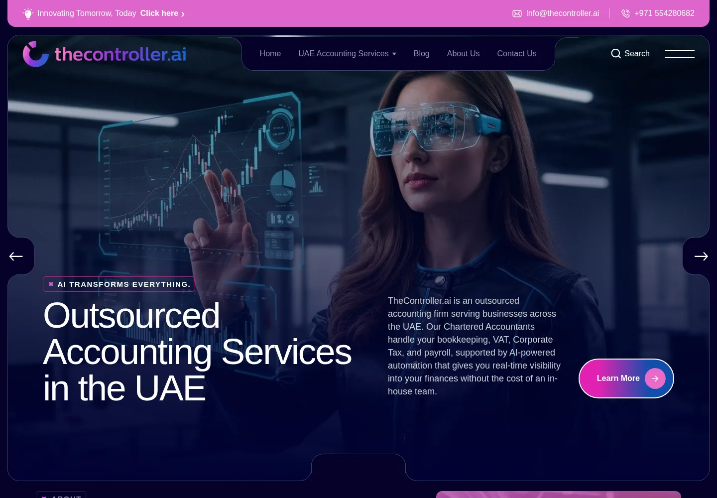 TheController.ai homepage showing outsourced accounting services in the UAE