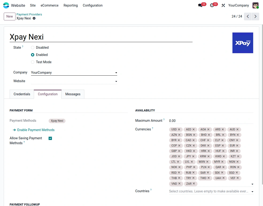 Configuration of the Payment Providers