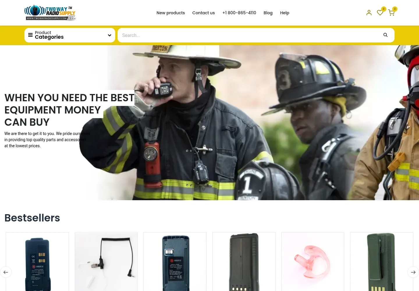 Two Way Radio Supply homepage with a firefighter using a radio and bestselling radio batteries