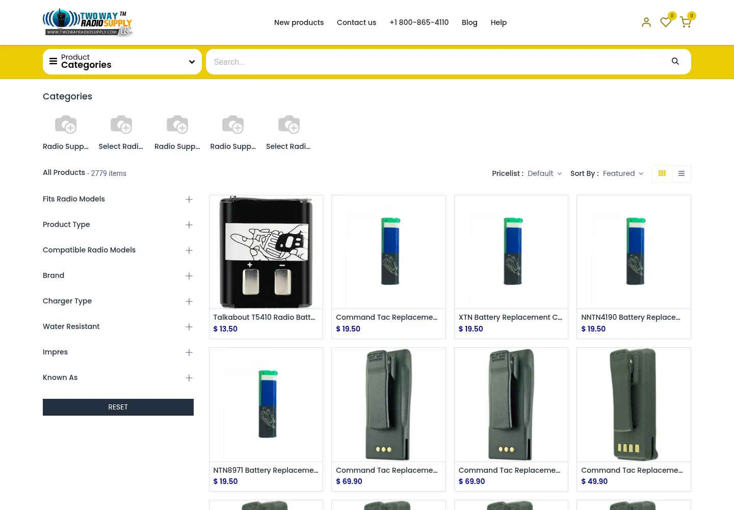 Two Way Radio Supply Odoo shop listing 2,779 products with Fits Radio Models and Brand filters
