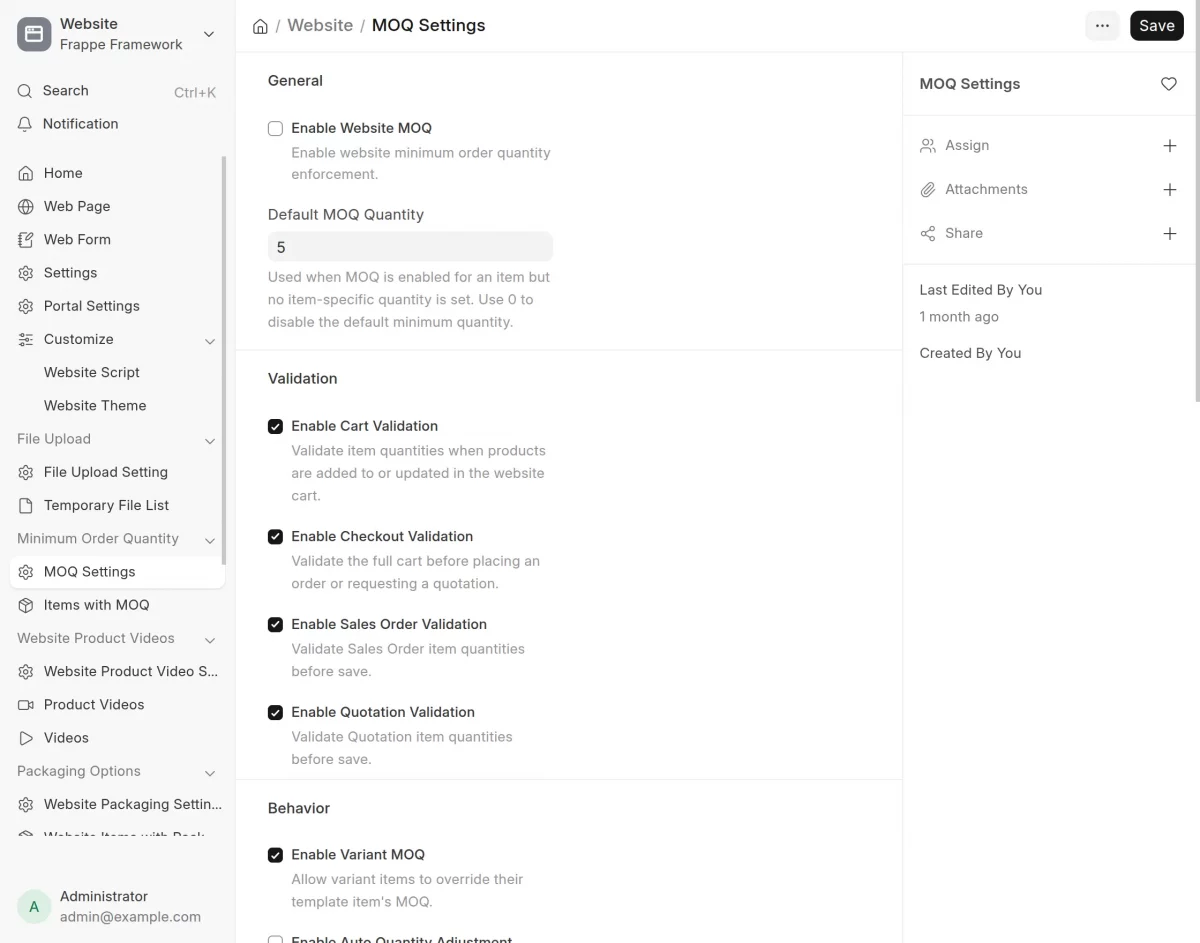 website moq settings