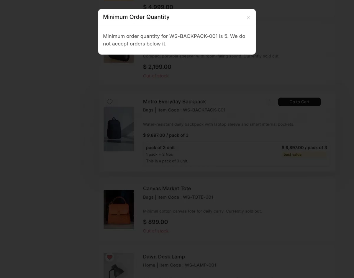 website moq validation popup