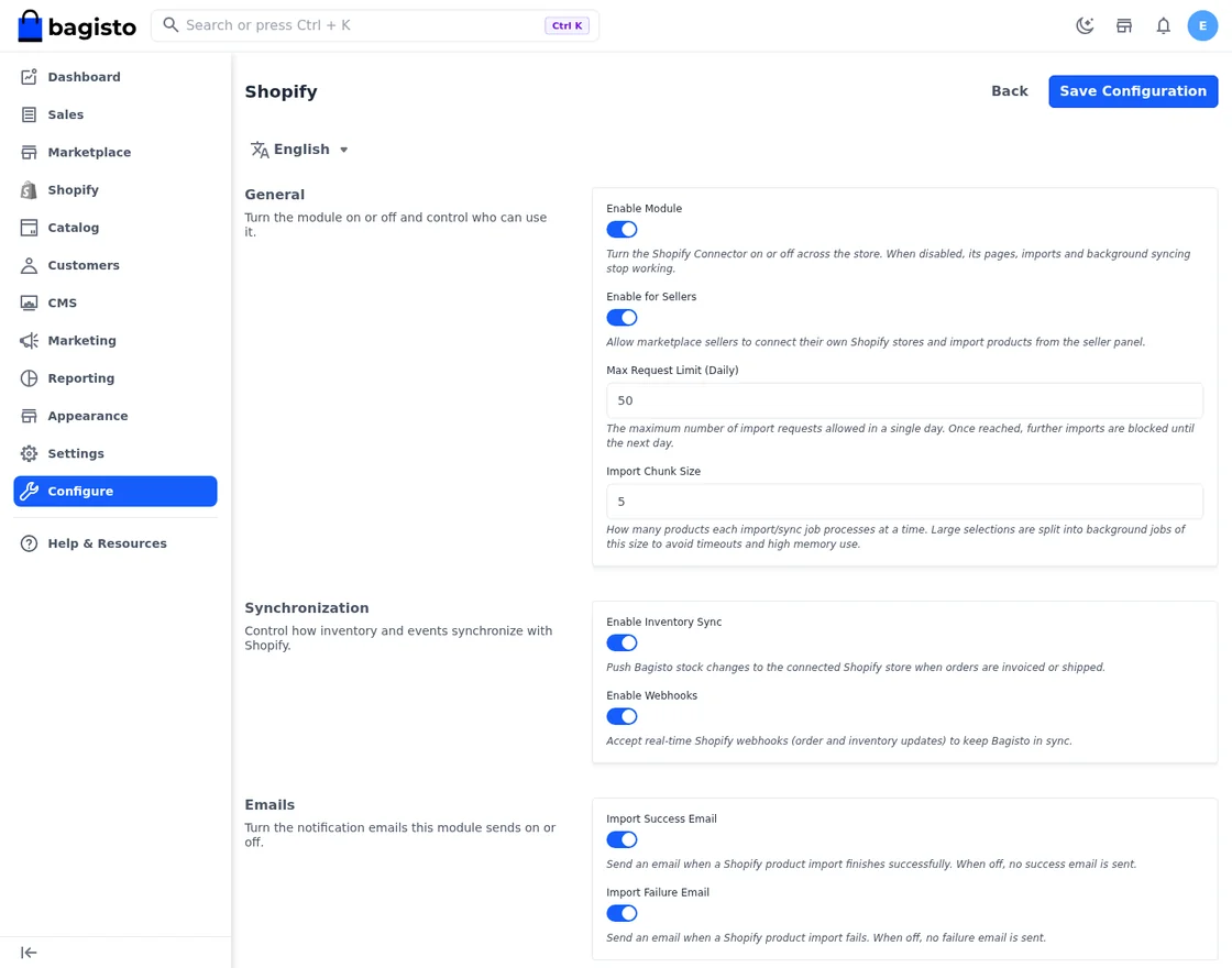 bagisto-shopify-connector-configuration