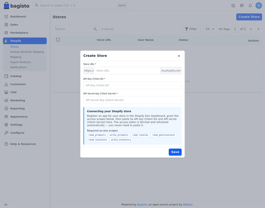 bagisto-shopify-connector-create-store