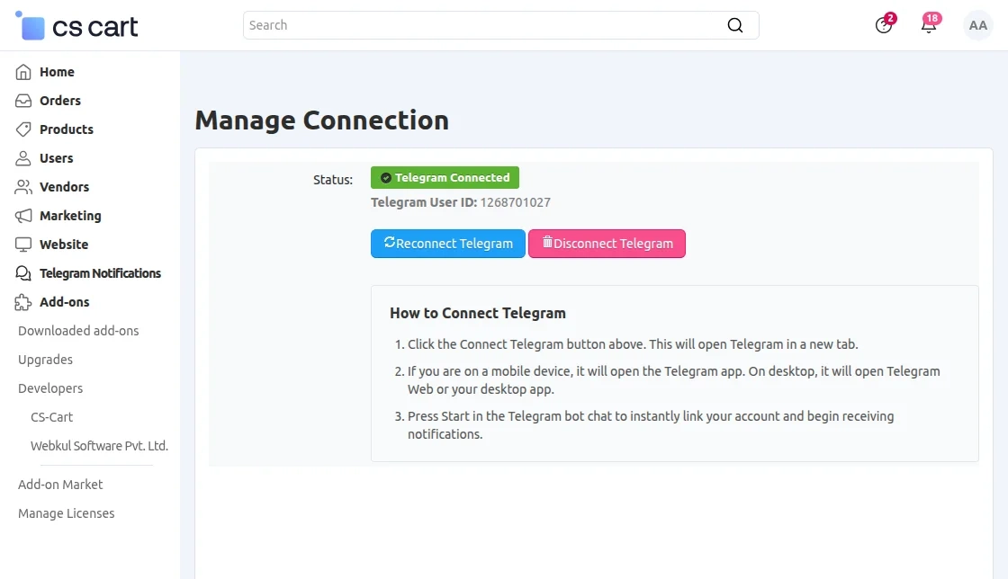 CS-Cart manage connection