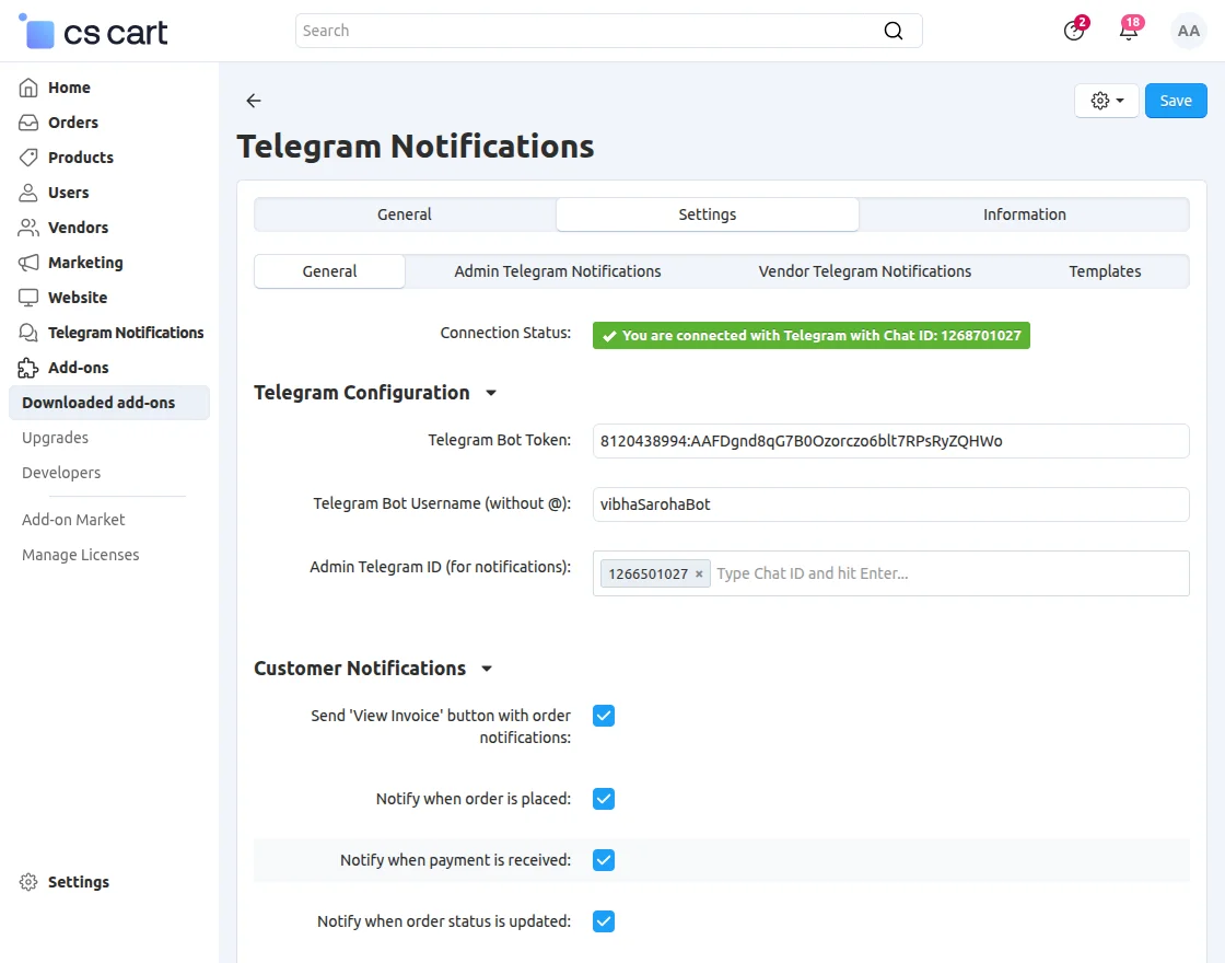 CS-Cart telegram order notification addon configuration