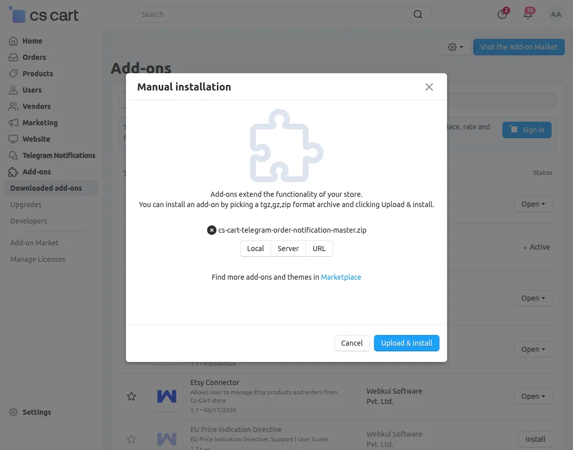 CS-Cart Telegram Order Notification addon install
