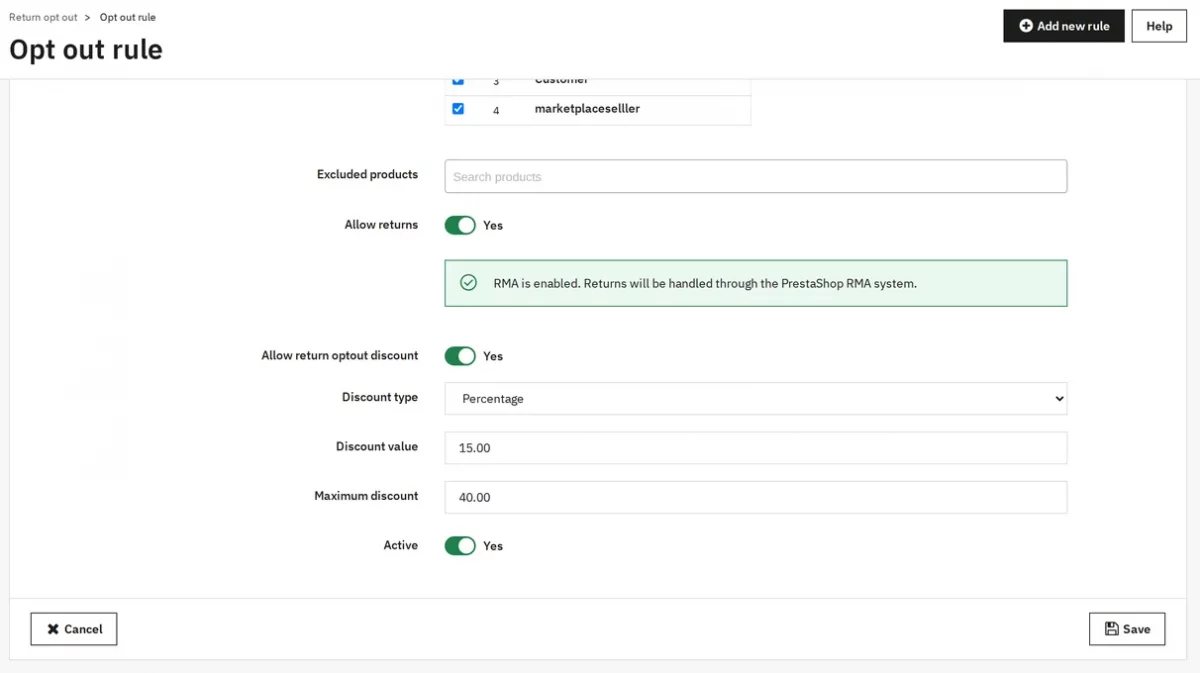 Return and discount settings of a rule
