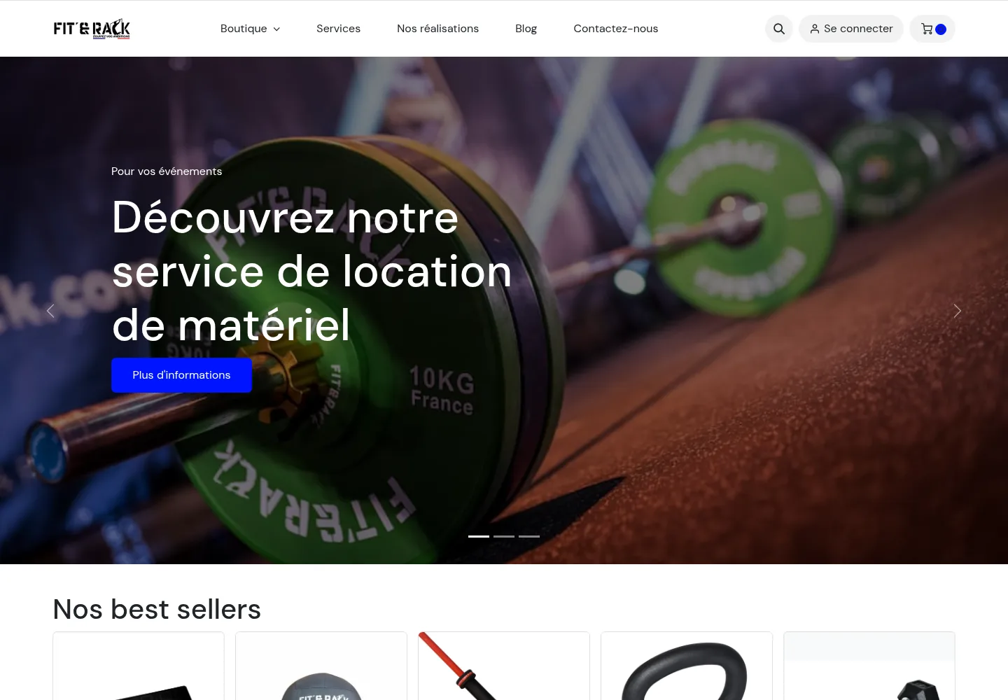 FIT' & RACK online store homepage showing a rental equipment banner and best-selling products