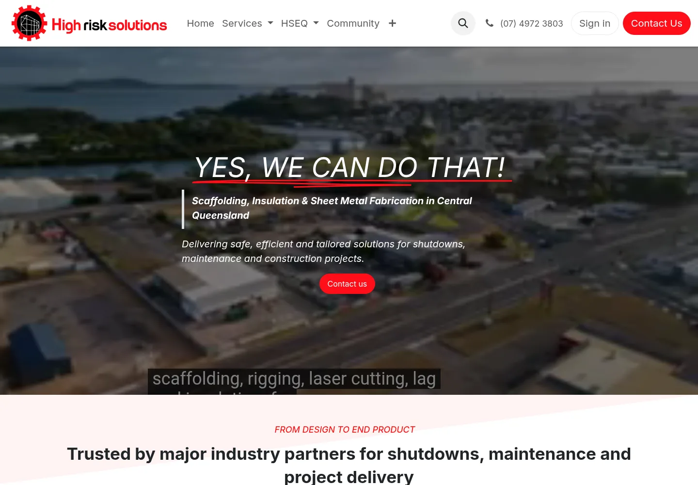 High Risk Solutions homepage showing scaffolding, insulation and fabrication services in Central Queensland