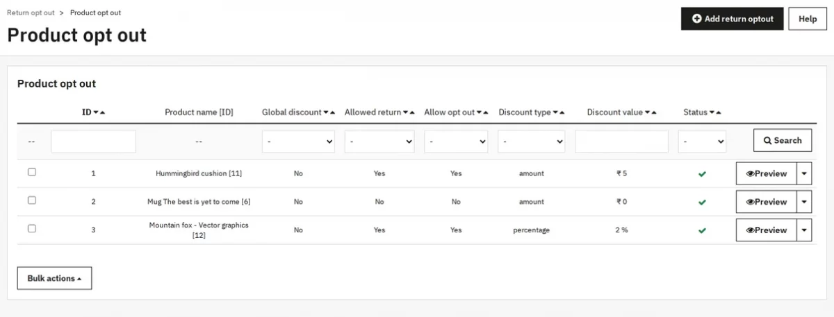 Product opt out list