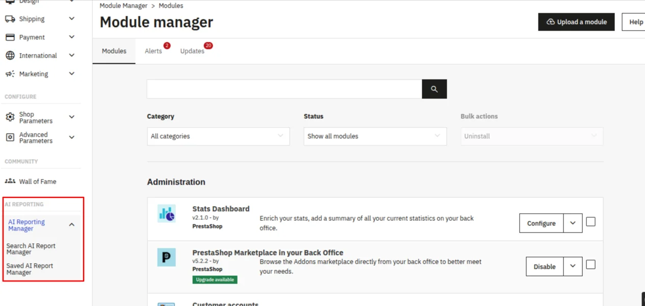 AI Reporting listed in the Module Manager