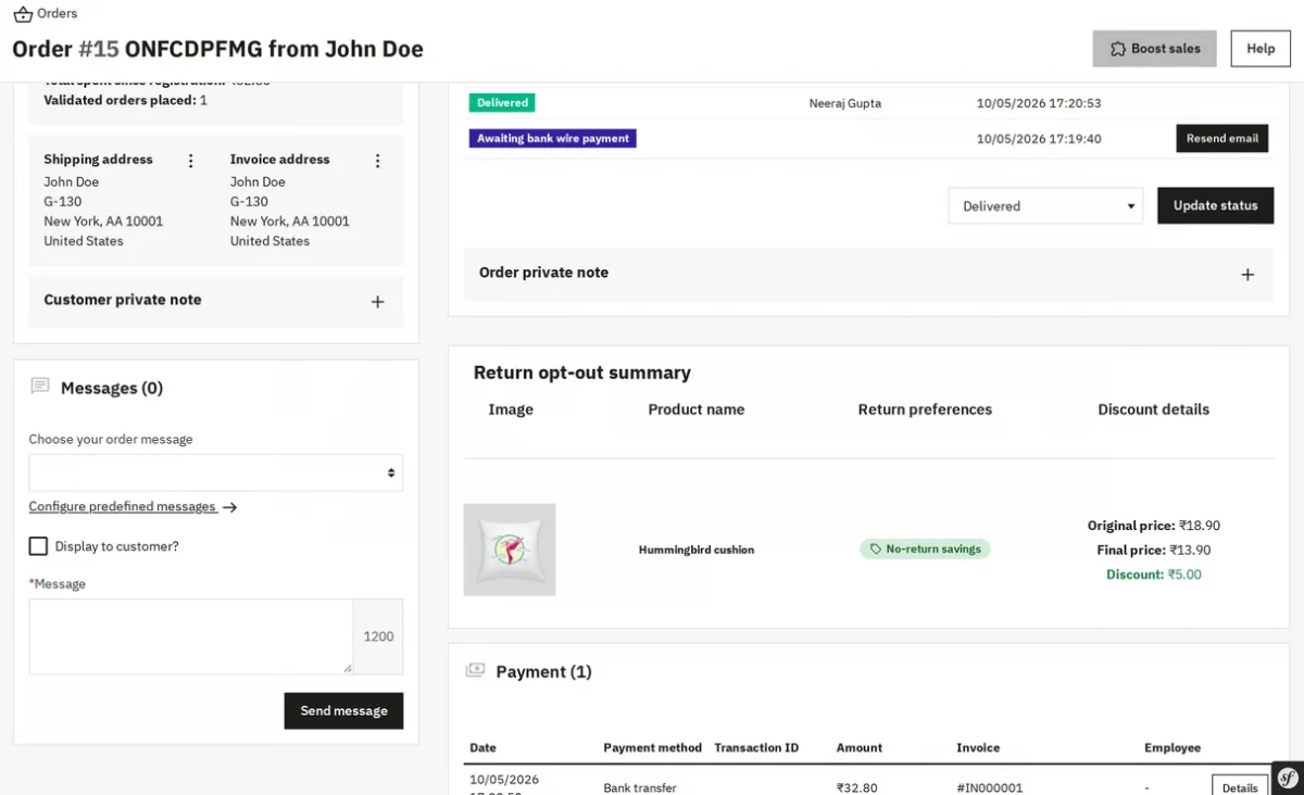 Return opt-out summary on the Back Office order page