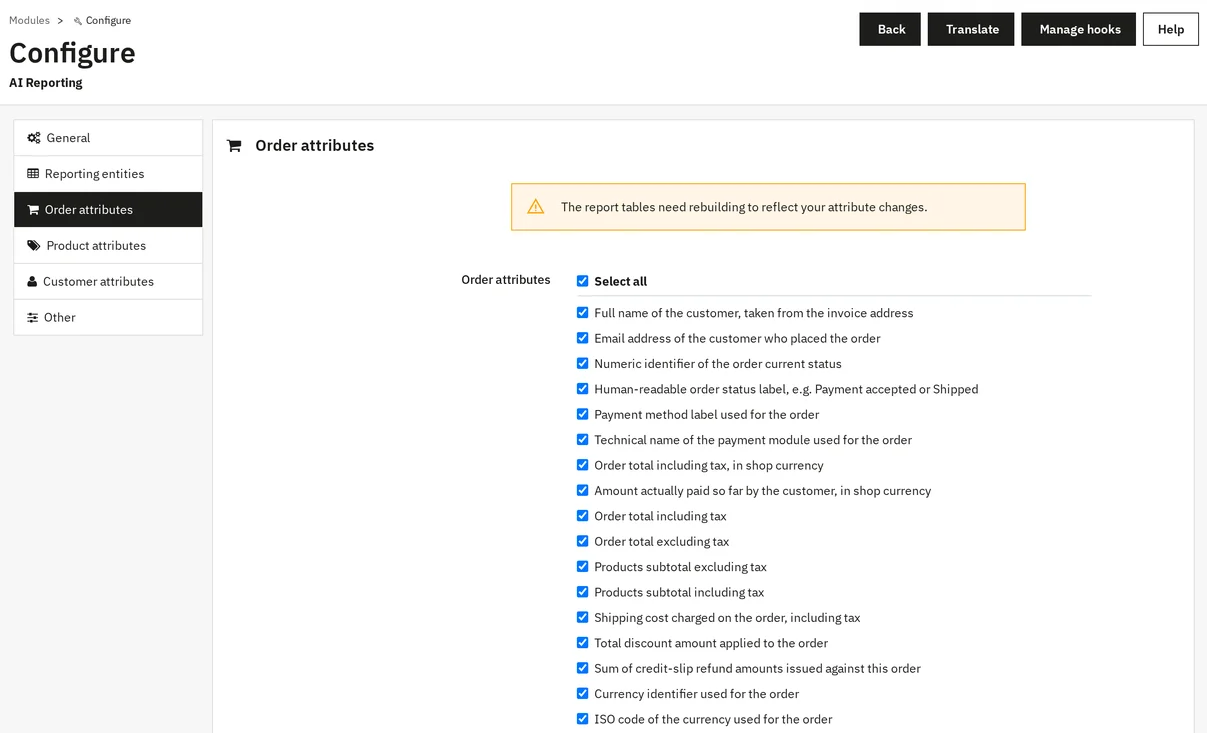 Order attributes tab