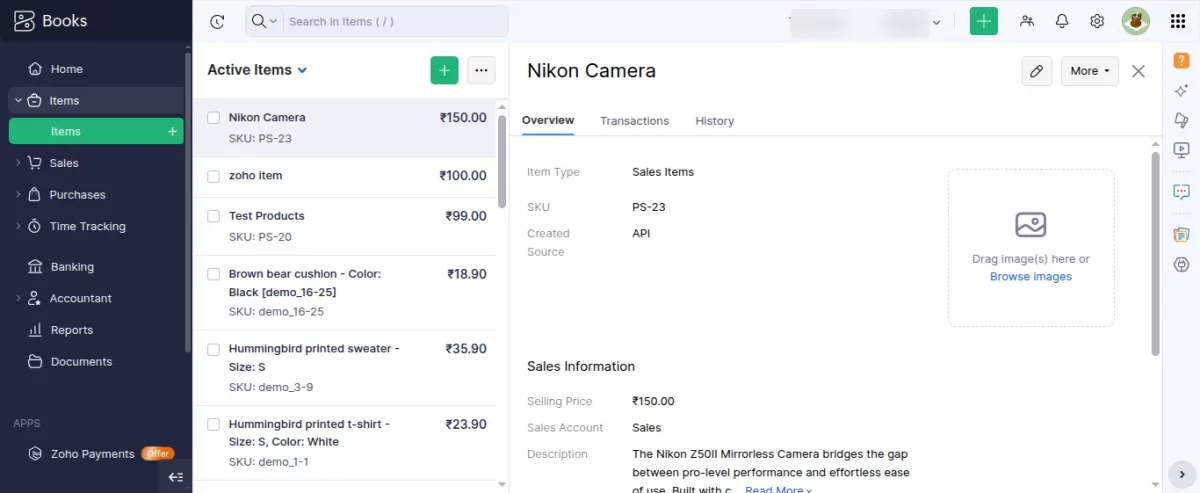 product updated on zoho books