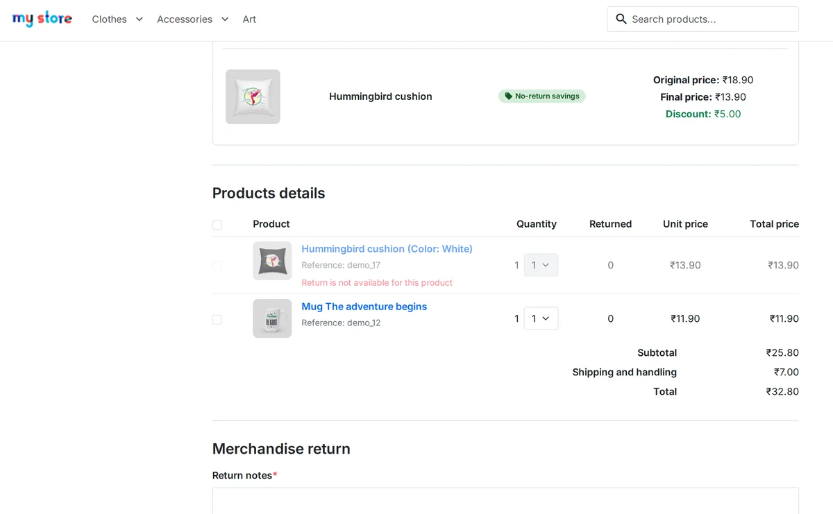 Order details with returns blocked for the opted-out product