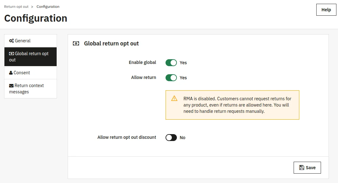 Allow return ON + PS RMA OFF