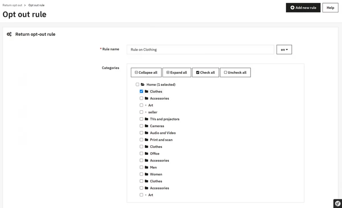 Rule name and category selection