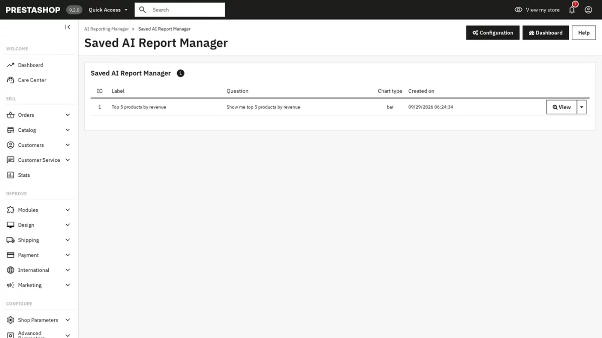 Saved AI Report Manager, dashboard view