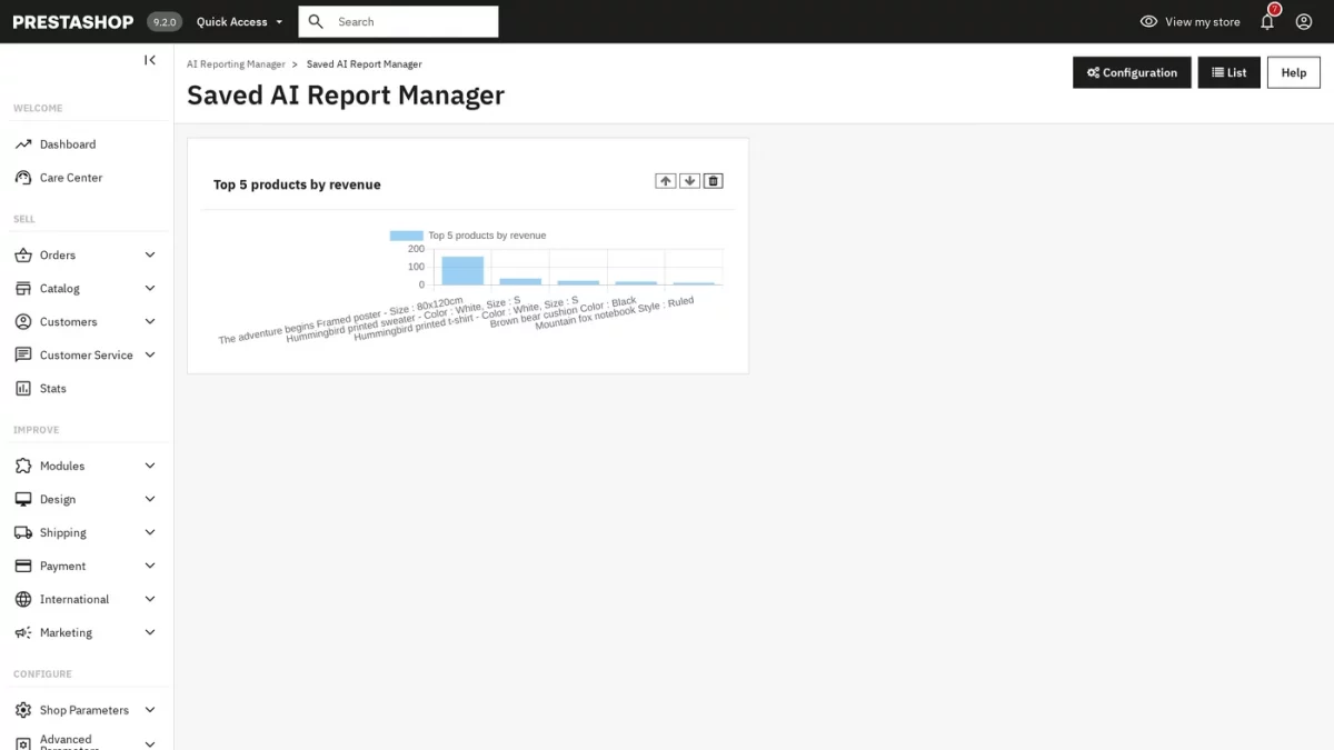 Saved AI Report Manager, dashboard view